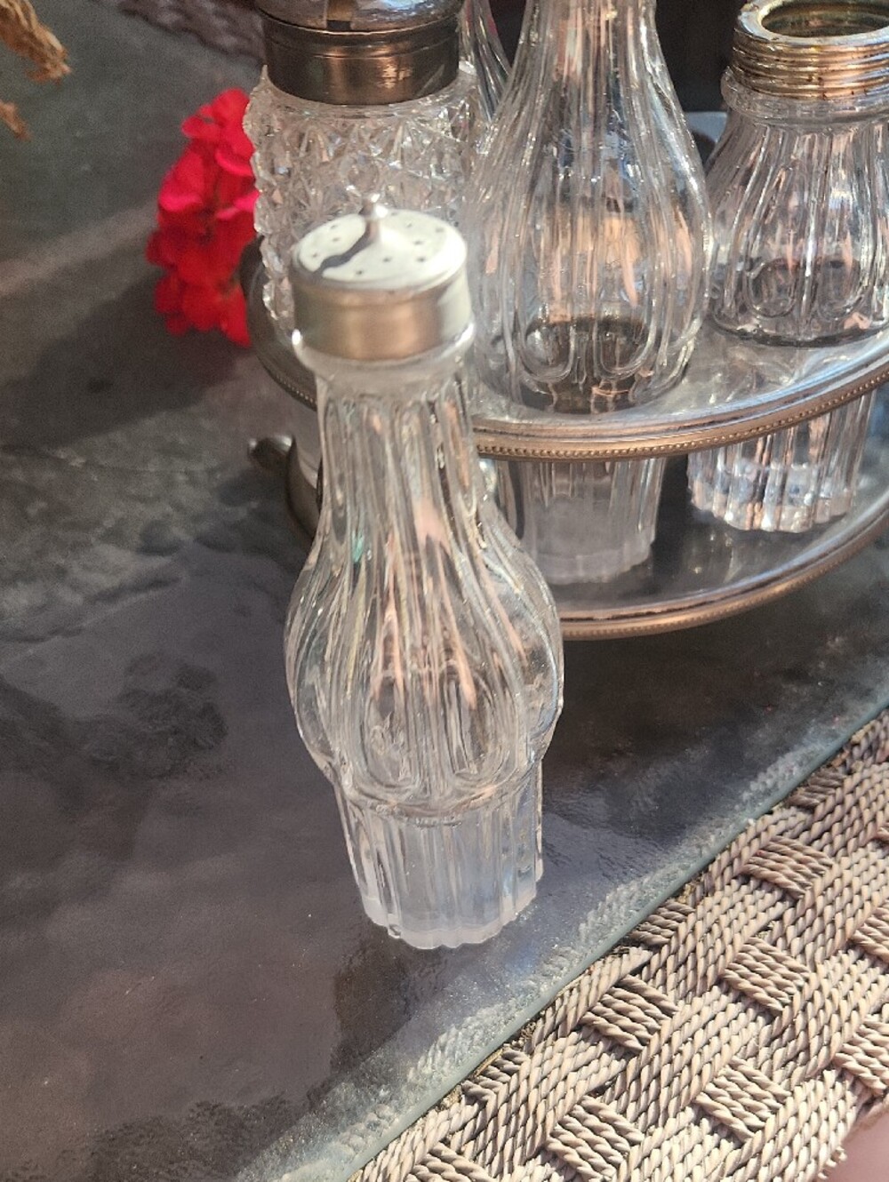 Vintage Silver Condiment Carousel with Clear Glass Bottles - Picture 12 of 16